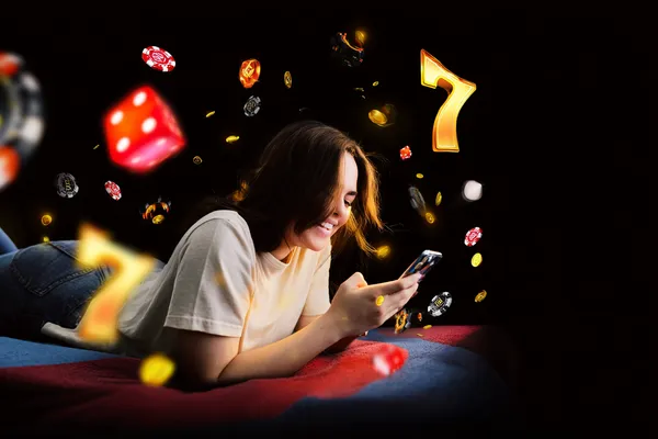 A stylish woman beside vibrant slot machines displaying glowing sevens, showcasing the variety of top slots at RK888.